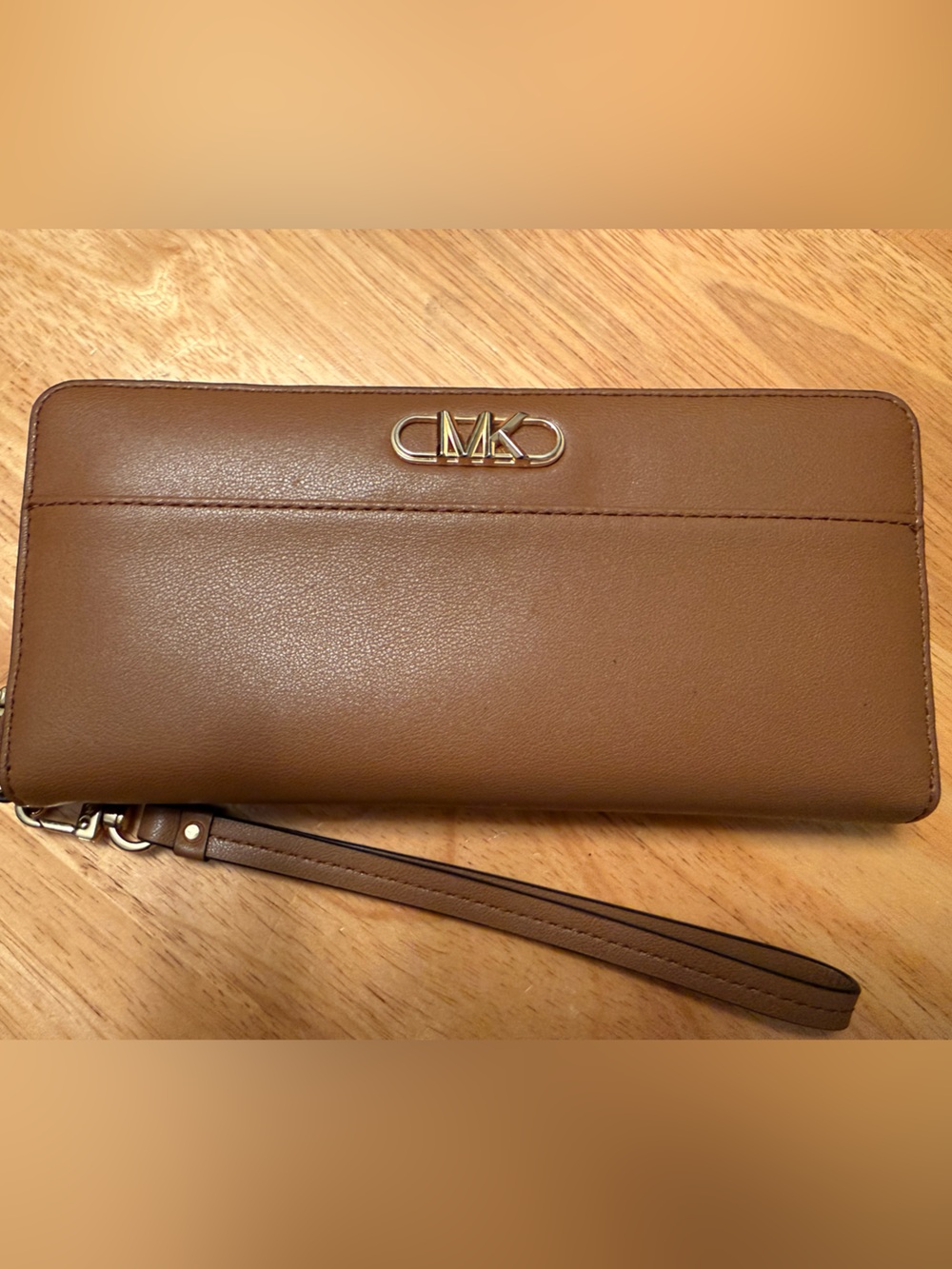 Michael Kors Tan Leather Wristlet Clutch with Gold MK Hardware